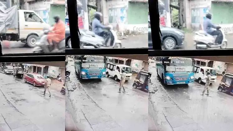 അശ്രദ്ധമായ ഓവര്‍ടേക്ക്, ചീറിപ്പാഞ്ഞ് ബസ് ഹോം ഗാര്‍ഡിന് നേര്‍ക്ക്; രക്ഷപ്പെട്ടത് തലനാരിഴയ്ക്ക്